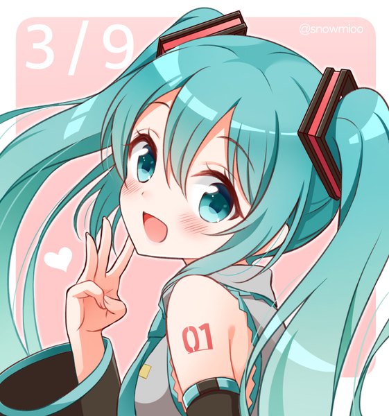 Anime picture 748x800 with vocaloid hatsune miku snowmi single long hair tall image looking at viewer blush fringe hair between eyes twintails signed aqua eyes aqua hair twitter username border pink background 39 girl detached sleeves