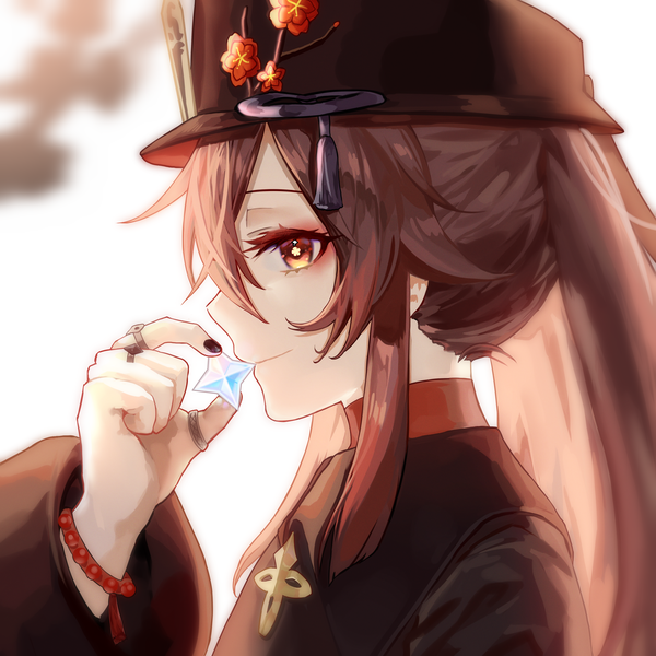 Anime picture 2500x2500 with genshin impact hu tao (genshin impact) sp0i0ppp single long hair fringe highres hair between eyes red eyes brown hair twintails holding payot upper body nail polish profile symbol-shaped pupils black nail polish girl hat