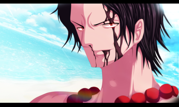 Anime picture 1027x616 with one piece toei animation portgas d. ace looking at viewer short hair black hair red eyes wide image sky cloud (clouds) pointy ears coloring portrait boy blood necklace sun