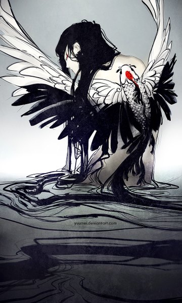 Anime picture 750x1250 with original yuumei single long hair tall image black hair very long hair profile nude from behind grey background tattoo back pale skin eyeshadow angel wings black wings animal wings fish (fishes)