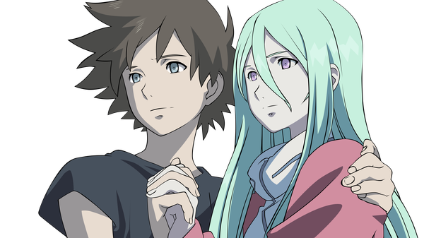 Anime picture 3200x1800 with eureka seven studio bones eureka renton thurston long hair highres short hair blonde hair brown hair wide image purple eyes absurdres couple holding hands transparent background vector girl boy jacket t-shirt