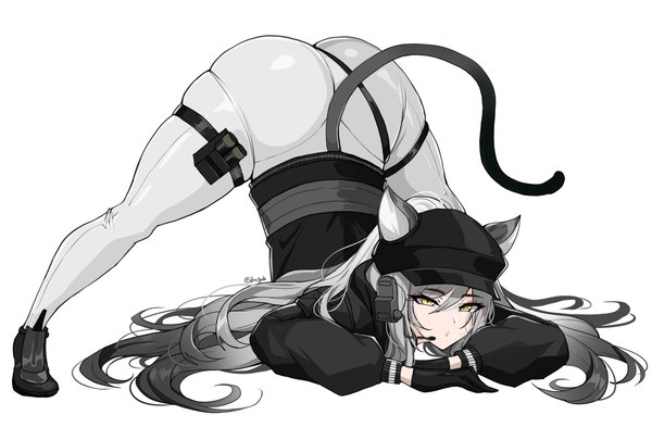 Anime picture 4096x2764 with arknights schwarz (arknights) hella p single long hair fringe highres light erotic simple background hair between eyes white background signed animal ears yellow eyes looking away absurdres full body ass tail long sleeves