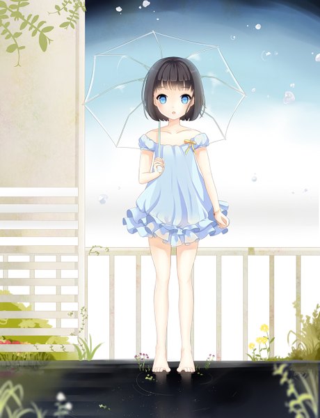 Anime picture 1000x1302 with original jellybear single tall image looking at viewer short hair blue eyes black hair transparent umbrella girl dress plant (plants) umbrella