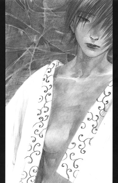 Anime picture 4011x6207 with blade of the immortal makie otono-tachibana samura hiroaki single tall image highres short hair breasts light erotic black hair absurdres traditional clothes black eyes monochrome girl