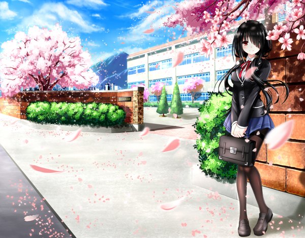 Anime picture 3200x2500 with date a live tokisaki kurumi tsubasaki single long hair looking at viewer blush fringe highres black hair smile red eyes standing twintails holding yellow eyes absurdres sky cloud (clouds) outdoors
