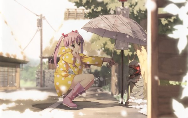 Anime picture 2560x1600 with 5 nenme no houkago (artbook) miyaguchi kanna kantoku single long hair highres wide image twintails pink hair pink eyes shadow squat polka dot street cropped girl plant (plants) tree (trees) boots leaf (leaves)