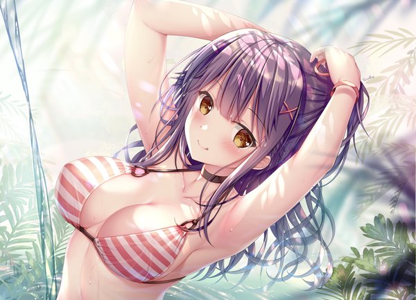 Anime picture 2048x1480 with original nanami yuuno sousouman single long hair looking at viewer blush fringe highres breasts light erotic smile large breasts signed yellow eyes payot cleavage purple hair upper body outdoors