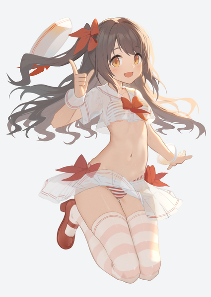 Anime picture 2508x3541 with idolmaster idolmaster cinderella girls shimamura uzuki hagi (ame hagi) single long hair tall image looking at viewer highres open mouth light erotic simple background brown hair orange eyes one side up jumping hat removed headwear removed girl thighhighs