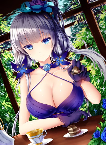 Anime picture 1462x2000 with azur lane illustrious (azur lane) illustrious (never-ending tea party) (azur lane) wsman single long hair tall image looking at viewer blush fringe breasts blue eyes light erotic hair between eyes large breasts sitting twintails holding cleavage silver hair