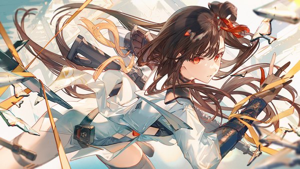 Anime picture 2000x1125 with girls frontline girls' frontline 2: exilium qbz-191 (girls frontline) satsuya single long hair highres red eyes brown hair wide image looking away one side up girl weapon gun assault rifle