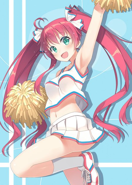 Anime picture 800x1119 with original hyuuga azuri single long hair tall image looking at viewer blush fringe twintails green eyes ahoge red hair pleated skirt arm up armpit (armpits) jumping cheerleader girl skirt navel