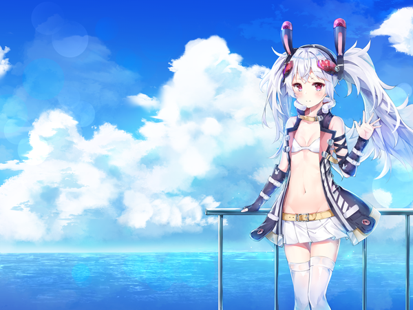 Anime picture 3156x2372 with azur lane laffey (azur lane) bill1101112 single long hair looking at viewer blush fringe highres breasts light erotic twintails animal ears absurdres sky silver hair cloud (clouds) outdoors pleated skirt pink eyes