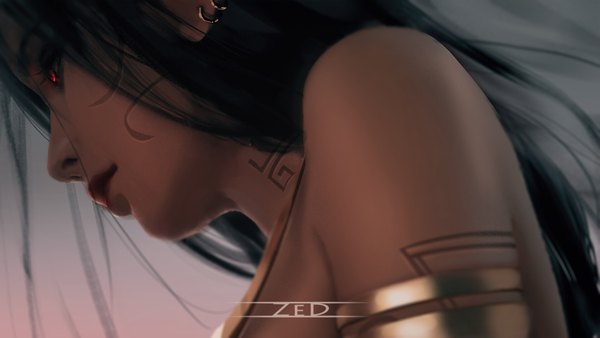 Anime picture 1920x1080 with original zed single long hair highres black hair red eyes wide image signed looking away profile lips realistic piercing dark skin ear piercing face bodypaint girl armlet