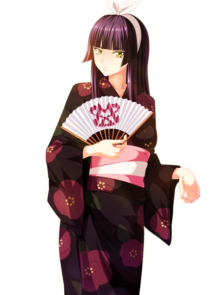 Anime picture 3600x4800 with fairy tail mikazuchi kagura salim202 single long hair tall image highres black hair yellow eyes absurdres traditional clothes japanese clothes coloring transparent background girl belt hairband kimono obi fan