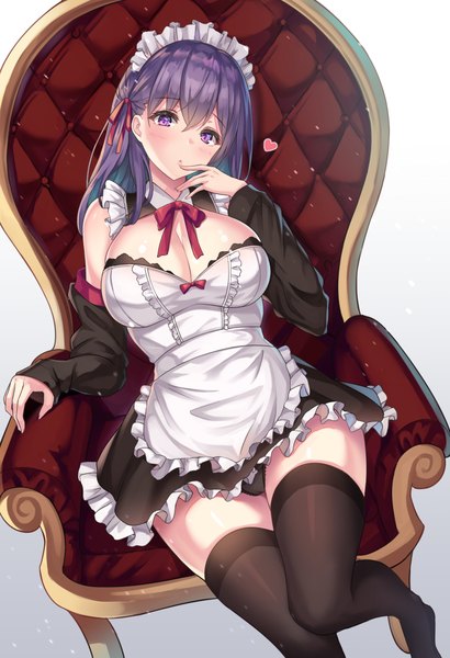 Anime picture 753x1100 with fate (series) fate/stay night matou sakura cenangam single long hair tall image looking at viewer blush fringe breasts light erotic simple background large breasts sitting purple eyes cleavage purple hair from above off shoulder