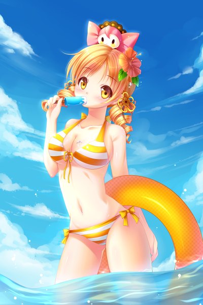 Anime picture 1000x1500 with mahou shoujo madoka magica shaft (studio) tomoe mami charlotte (madoka magica) grandia bing single long hair tall image looking at viewer blonde hair twintails yellow eyes sky cloud (clouds) hair flower drill hair girl navel hair ornament swimsuit