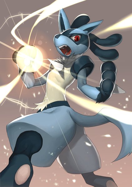 Anime picture 992x1403 with pokemon nintendo lucario wadani hitonori single tall image open mouth simple background red eyes looking back no people gen 4 pokemon pokemon (creature) spikes energy ball