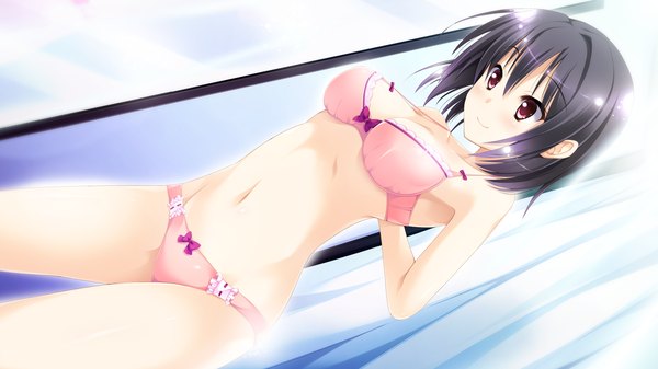 Anime picture 1920x1080 with sakura mau otome no rondo erihara mitsuki highres short hair breasts light erotic black hair smile red eyes wide image game cg underwear only girl navel underwear panties lingerie bra pink panties pink bra