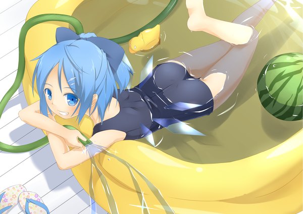 Anime picture 2047x1447 with touhou cirno sakurea single highres short hair blue eyes light erotic smile blue hair loli girl bow swimsuit hair bow wings water food berry (berries) pool
