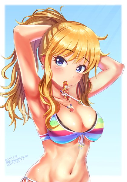 Anime picture 907x1300 with idolmaster idolmaster cinderella girls ootsuki yui hydro p single long hair tall image looking at viewer blush fringe breasts blue eyes light erotic blonde hair large breasts standing holding signed payot cleavage