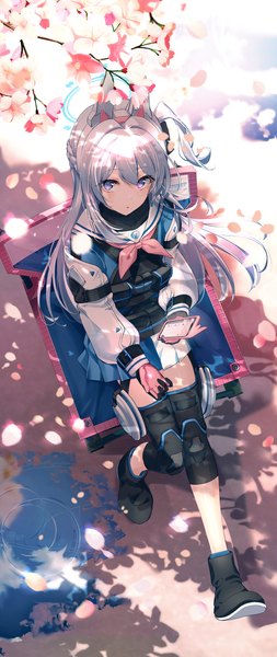 Anime picture 1053x2500 with blue archive miyako (blue archive) dice gt single long hair tall image looking at viewer fringe blue eyes hair between eyes animal ears silver hair full body outdoors one side up cherry blossoms fake animal ears girl gloves petals