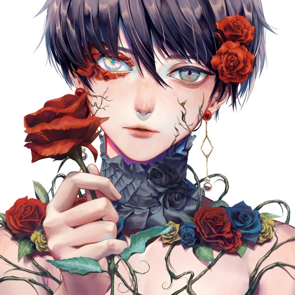 Anime picture 1448x1448 with original tokisamesigure single looking at viewer fringe short hair black hair simple background hair between eyes white background holding upper body parted lips hair flower lips grey eyes heterochromia portrait multicolored eyes boy