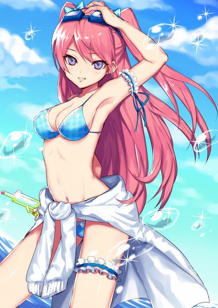 Anime picture 1330x1871 with original suusuke single long hair tall image looking at viewer breasts blue eyes light erotic pink hair midriff clothes around waist girl navel swimsuit bikini bubble (bubbles) water gun
