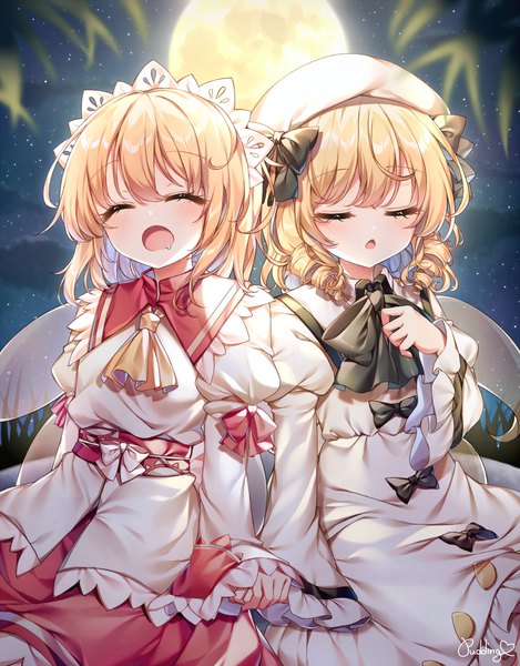 Anime picture 1500x1920 with touhou luna child sunny milk pudding (skymint 028) tall image blush fringe short hair open mouth blonde hair hair between eyes sitting multiple girls signed eyes closed night wide sleeves night sky holding hands drill hair