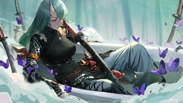 Anime picture 4387x2468 with arknights hoshiguma (arknights) hoshiguma (patrolling ronin) (arknights) alov single long hair fringe highres breasts hair between eyes wide image sitting green eyes looking away absurdres horn (horns) green hair partially submerged official alternate costume scar
