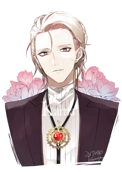 Anime picture 1000x1416 with fate (series) fate/grand order karna (fate) kurono yuu single tall image short hair blue eyes simple background blonde hair white background signed head tilt light smile character names dated portrait makeup boy flower (flowers)