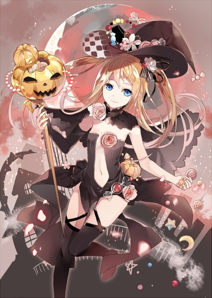 Anime picture 857x1200 with original fre single long hair tall image looking at viewer blue eyes blonde hair halloween girl thighhighs dress navel flower (flowers) black thighhighs hat food sweets witch hat jack-o'-lantern