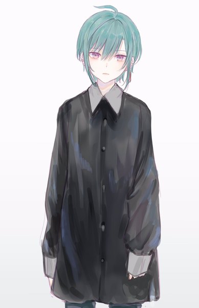 Anime picture 1328x2048 with virtual youtuber nijisanji ryuushen iei000 single tall image looking at viewer fringe short hair simple background hair between eyes standing white background purple eyes ahoge aqua hair sleeves past wrists expressionless androgynous shirt