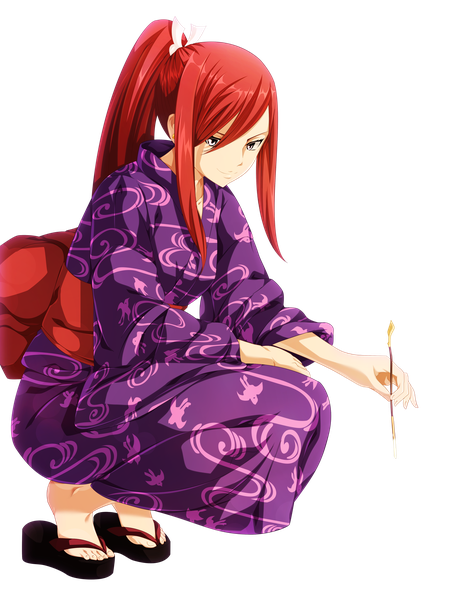 Anime picture 3600x4800 with fairy tail erza scarlet salim202 single long hair tall image highres smile absurdres full body ponytail red hair traditional clothes japanese clothes pink eyes coloring squat transparent background girl bow
