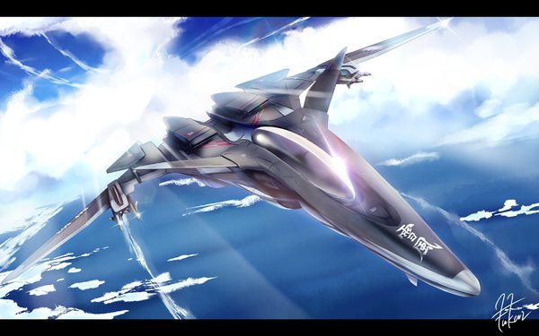 Anime picture 1320x825 with sentou yousei yukikaze ffr-41mr fukai ryosuke signed sky cloud (clouds) flying no people weapon sea aircraft ice airplane jet