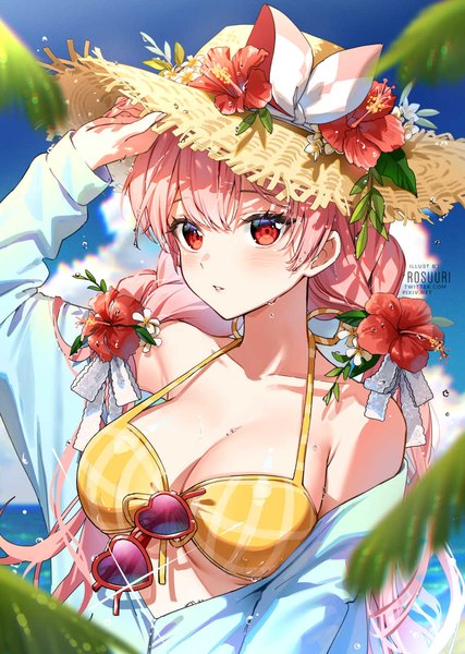 Anime picture 1000x1404 with virtual youtuber atelier live pinku (vtuber) rosuuri single long hair tall image looking at viewer blush fringe breasts light erotic red eyes large breasts signed pink hair sky cloud (clouds) upper body outdoors