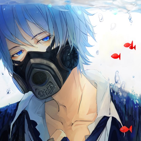 Anime picture 2480x2480 with vocaloid kaito (vocaloid) object spring single highres short hair blue eyes simple background white background blue hair looking away face underwater open collar boy shirt water necktie bubble (bubbles) fish (fishes)