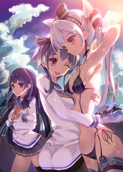 Anime picture 858x1200 with kantai collection amatsukaze destroyer isokaze destroyer tokitsukaze destroyer fukuda shuushi long hair tall image blush open mouth light erotic black hair smile twintails multiple girls brown eyes sky cloud (clouds) white hair one eye closed grey hair