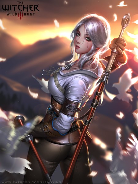 Anime picture 6000x8000 with the witcher the witcher 3 wild hunt ciri liang xing single long hair tall image looking at viewer fringe highres breasts hair between eyes large breasts holding signed absurdres silver hair looking back from above sunlight