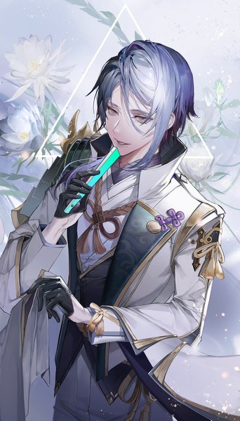 Anime picture 1000x1756 with genshin impact kamisato ayato minty0 single long hair tall image blue hair from above grey eyes floral background boy gloves flower (flowers) black gloves fan closed fan