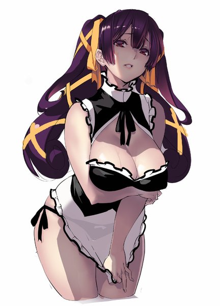 Anime picture 721x1000 with original sasaoka gungu single long hair tall image looking at viewer fringe breasts light erotic red eyes large breasts standing white background twintails payot cleavage purple hair nipples parted lips maid