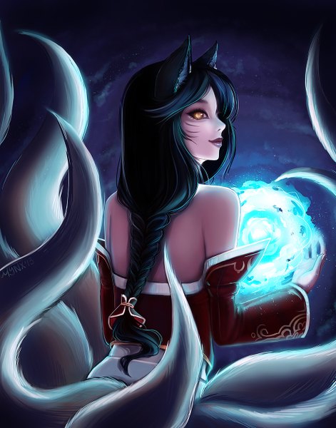Anime picture 982x1250 with league of legends ahri (league of legends) mynxie-chu single long hair tall image highres black hair bare shoulders animal ears yellow eyes tail braid (braids) traditional clothes japanese clothes animal tail looking back light smile lips night