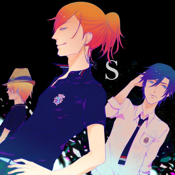 Anime picture 1200x1200 with uta no prince-sama a-1 pictures jinguji ren ichinose tokiya kurusu shou rowya short hair blue eyes simple background blonde hair blue hair profile multicolored hair light smile multiple boys hand on hip black background boy uniform school uniform