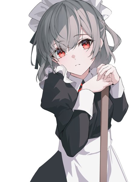 Anime picture 3000x4000 with original crystalherb single long hair tall image looking at viewer fringe highres simple background hair between eyes red eyes standing white background upper body long sleeves grey hair maid puffy sleeves girl dress