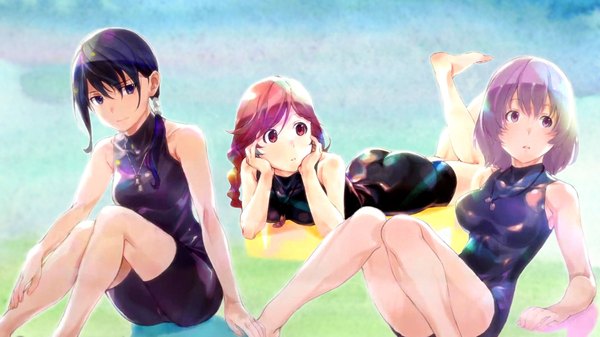 Anime picture 1920x1080 with hai to gensou no grimgar a-1 pictures merry (grimgar) yume (grimgar) shihoru (grimgar) long hair fringe highres short hair light erotic black hair hair between eyes red eyes wide image sitting purple eyes bare shoulders multiple girls looking away purple hair