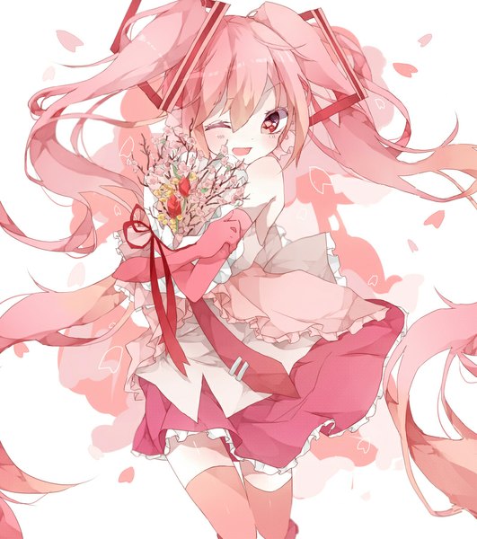 Anime picture 930x1050 with vocaloid hatsune miku sakura miku natyu hata single tall image looking at viewer blush open mouth white background twintails bare shoulders pink hair very long hair one eye closed pink eyes wink girl thighhighs gloves