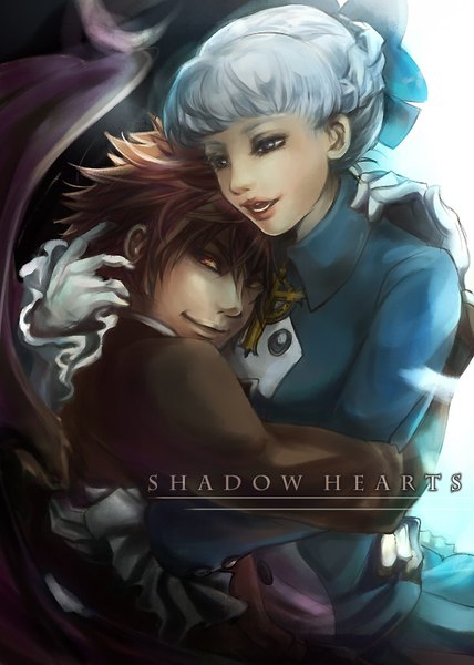 Anime picture 600x840 with shadow hearts yuri hyuga alice elliot miyukiko tall image fringe short hair blue eyes smile red eyes brown hair parted lips looking back light smile grey hair aqua hair couple hug girl boy