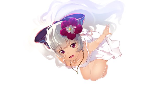 Anime picture 1600x900 with touhou fujiwara no mokou yuuji (yukimimi) single long hair open mouth simple background red eyes wide image white background white hair hair flower girl hair ornament bow hair bow pendant sundress