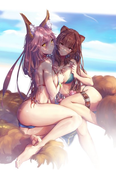 Anime picture 4401x6476 with fate (series) fate/grand order tate no yuusha no nariagari kinema citrus tamamo (fate) (all) raphtalia tamamo no mae (swimsuit lancer) (fate) mitsu (mitsu art) long hair tall image looking at viewer fringe highres breasts light erotic smile hair between eyes red eyes brown hair large breasts