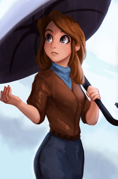 Anime picture 1449x2204 with carlos eduardo single long hair tall image brown hair looking away outdoors grey eyes outstretched arm girl umbrella turtleneck clothes