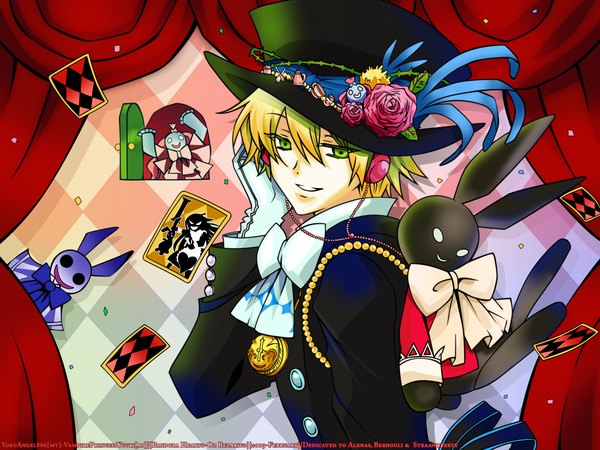 Anime picture 2048x1536 with pandora hearts xebec alice (pandora hearts) oz vessalius emily (pandora hearts) will of the abyss highres blonde hair green eyes boy gloves flower (flowers) hat white gloves card (cards)